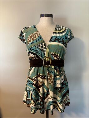 Bwear Teal Brown Cream Patterned V-Neck Belted Blouse